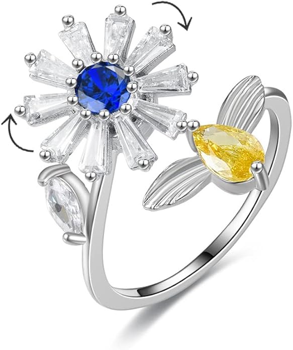 COLORFUL BLING Delicate Silver Cubic Zirconia Daisy Flower Butterfly Fidget Anxiety Rings for Women Adjustable Open Sunflowers Evil Eyes Stress Relief Stackable Rings