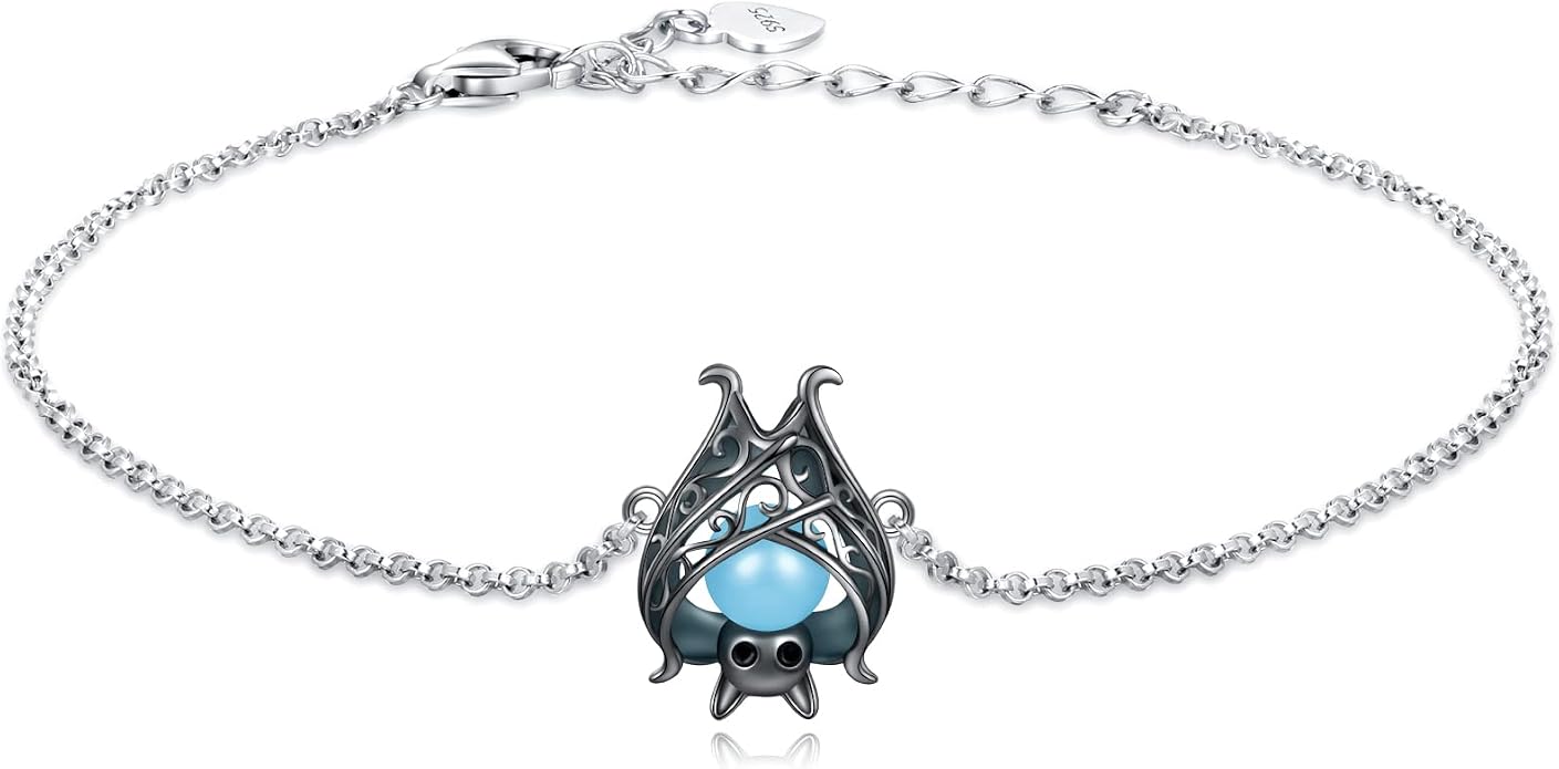 Cute Bat Bracelet Sterling Silver Glowing in The Dark Animal Bracelet Little Witchy Vampire Halloween Jewelry Gift for Women