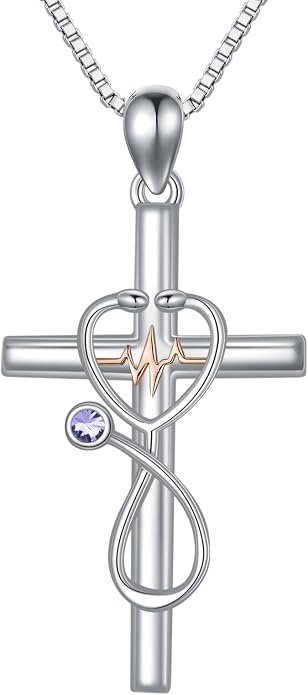 HPQQ Gifts for Nurse Sterling Silver Stethoscope Cross Necklace Nurses Birthstone Jewelry Nursing Themed Medicine Nurses Week Graduation Gifts Doctor Medical Student RN