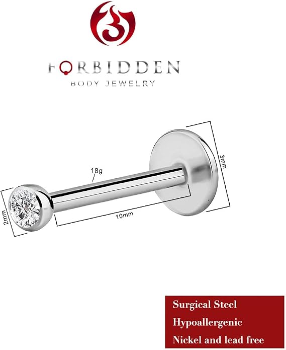 Forbidden Body Jewelry Surgical Steel Earrings Internally Threaded Micro CZ Gem Top Tragus/Helix/Labret Stud with 2mm Top 18G (4mm-10mm)