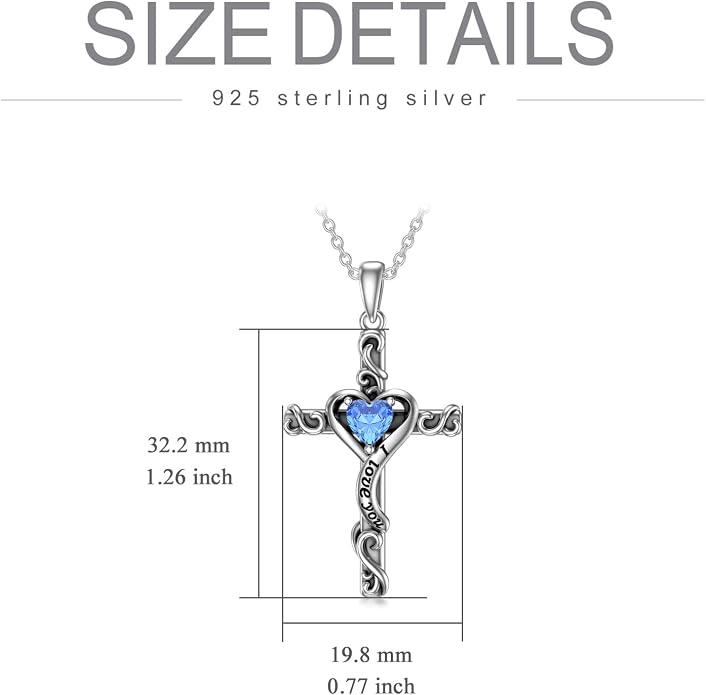 TOUPOP Cross Birthstone Necklace for Women 925 Sterling Silver Heart Cross Pendant I Love You Jewelry Anniversary Birthday Mothers Day Gifts for Mom Wife Her