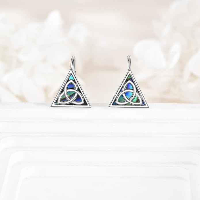 Celtic Trinity Knot Earrings for Women 925 Sterling Silver Triangle Celtic Leverback Abalone Shell Irish Jewelry Gift