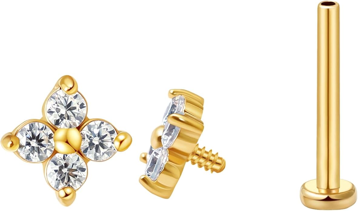 FANSING CZ Flower Internally Threaded Flat Back Earring Labret Stud for Cartilage Tragus Helix Conch