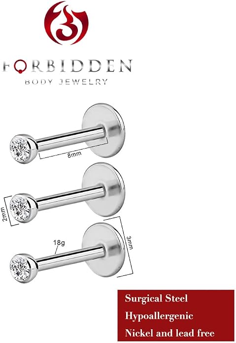 Forbidden Body Jewelry Surgical Steel Earrings Internally Threaded Micro CZ Gem Top Tragus/Helix/Labret Stud with 2mm Top 18G (4mm-10mm)