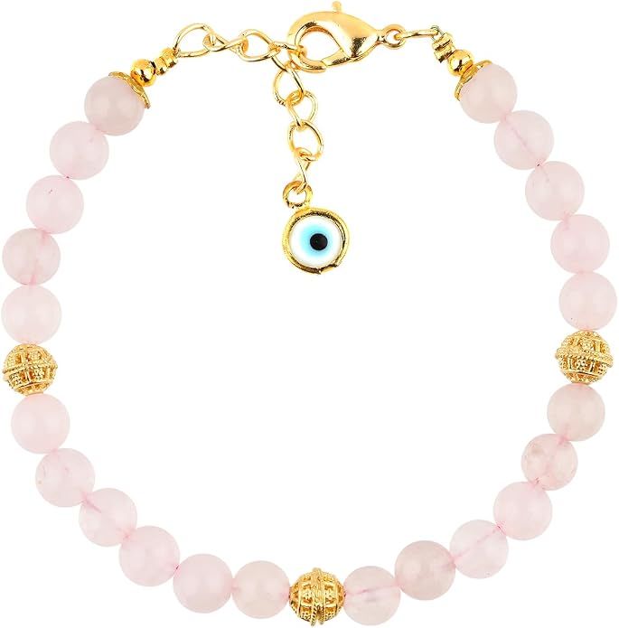 AAA Grade Natural Gemstone Beaded Bracelet, 14K Gold Plated with Evil Charm, Wicca & Reiki Healing Crystals, Handmade Bohemian Jewelry, Christmas Gift for Women (7+1inch)