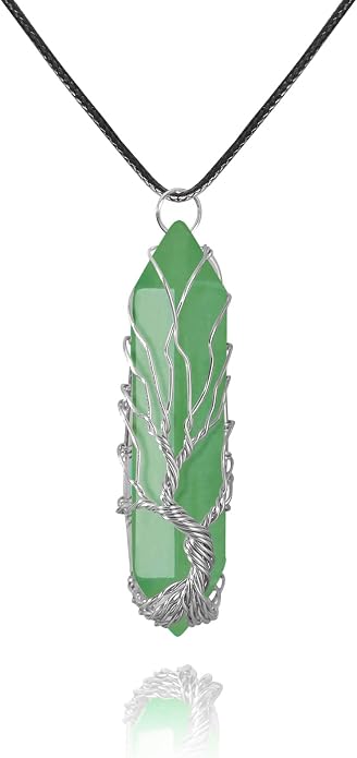 VIBILIA Healing Crystal Necklace Tree of Life Wire Wrapped Natural Stone Point Pendant Necklace Hexagonal Reiki Spiritual Quartz Gemstone Jewelry for Women Men