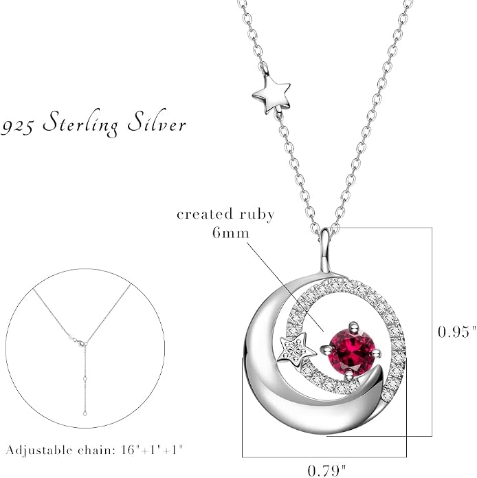 FANCIME Birthstone Necklaces 925 Sterling Silver Moon and Star Pendant Fine Jewelry Birthday Mothers Day Gifts for Mom Wife Her Daughter, Adjustable Chain 16+2"