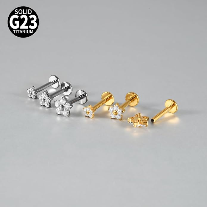 3PCS Titanium Mix Sizes Flower Zircon Lip Piercing Internal Thread Cz Small/Large Flower Labret Tragus Ear Cartilage Flat Piercing
