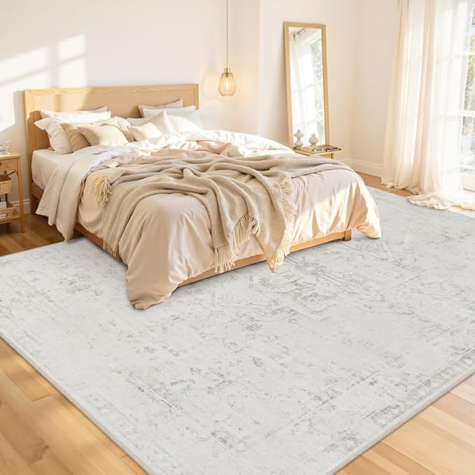 Area Rugs 9x12 Living Room: Vintage Boho Neutral Washable Rug Indoor Soft Large Area Rug Carpet for Bedroom Nursery Farmhouse Dining Room Office Floor Non-Slip Low Pile Under Table Neutral Cream