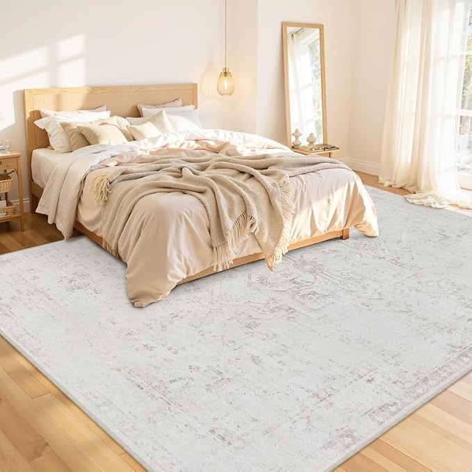 8x10 Area Rugs for Living Room: Vintage Boho Neutral Washable Rug Indoor Soft Large Area Rug Carpet for Bedroom Nursery Farmhouse Dining Room Office Floor Non-Slip Low Pile Under Table Neutral Cream