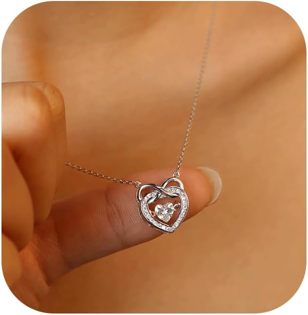 Trendy Dainty Infinity Birthstone Necklace, Dancing Heart 18K White Gold Plated 925 Sterling Silver Heart Necklace, Romantic Love Jewelry Graduation Gifts for Women Her