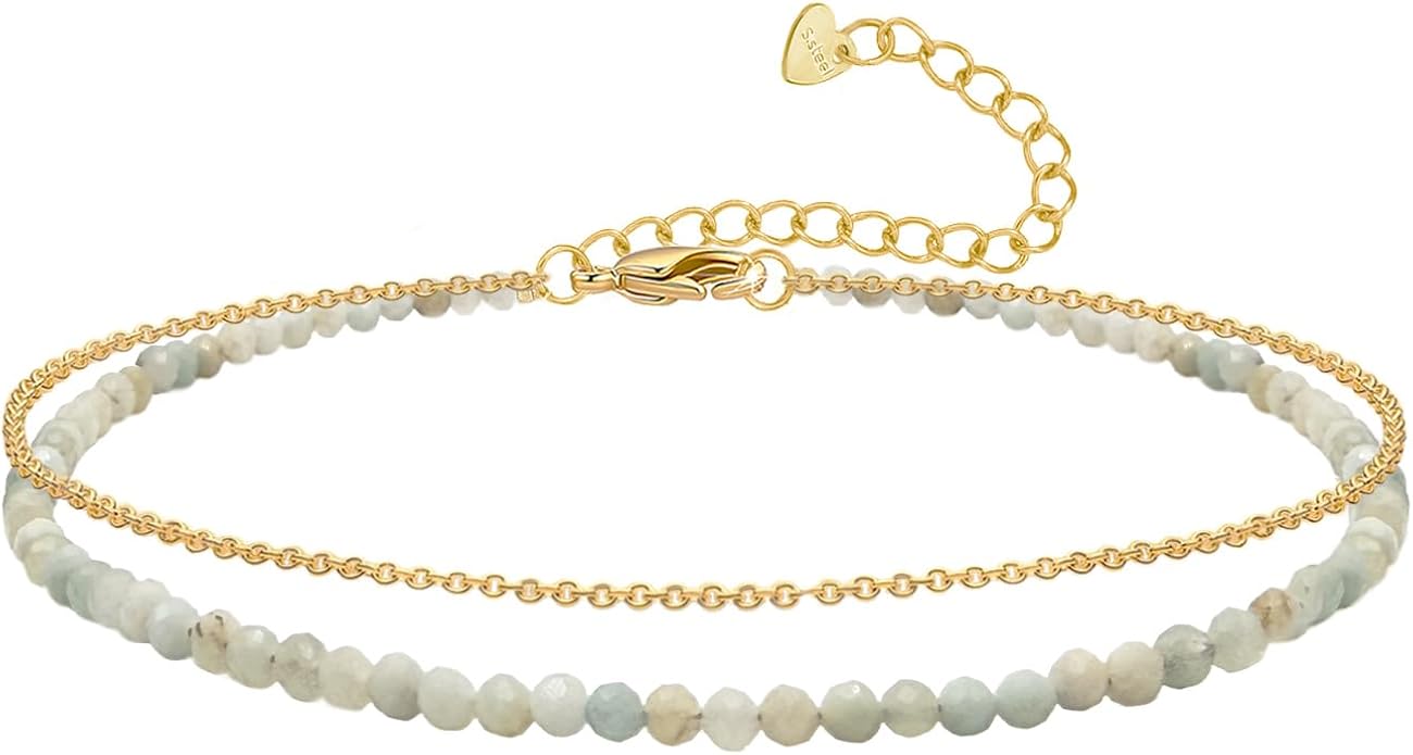 Ankle Bracelet for Women, Dainty 18k Gold Natural Stone Beaded Anklet Adjustable Double Ankle Chain Waterproof Summer Boho Foot Jewelry Birthday Anniversary Graduation Gifts
