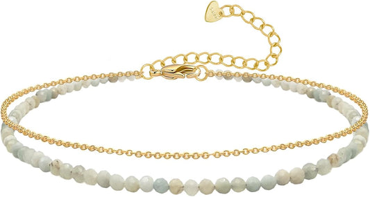 Ankle Bracelet for Women, Dainty 18k Gold Natural Stone Beaded Anklet Adjustable Double Ankle Chain Waterproof Summer Boho Foot Jewelry Birthday Anniversary Graduation Gifts