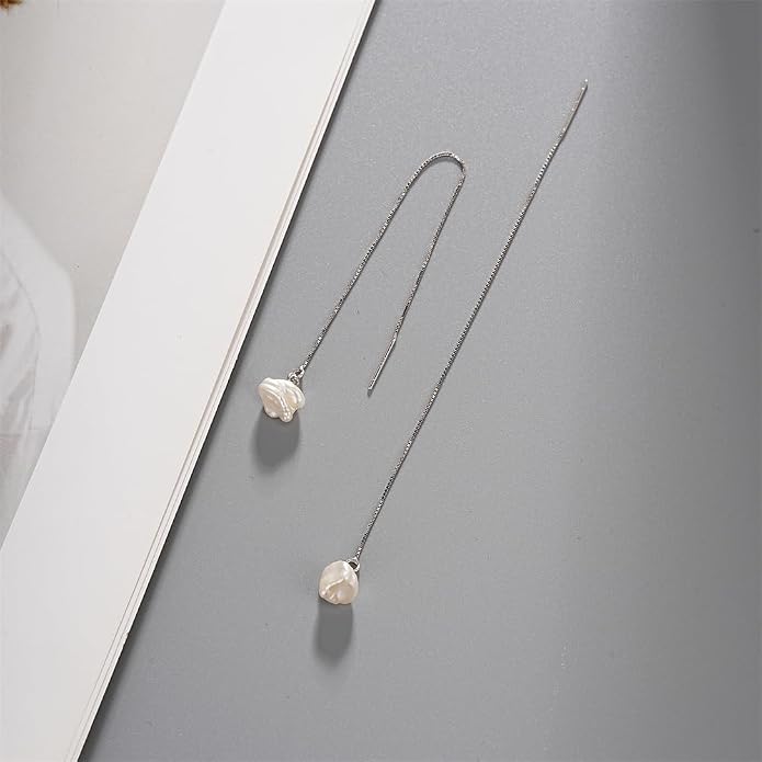 JaruJaru Vermeil Chain Freshwater Pearl Earrings for Women, Gold Threader Earrings, Gold plated on S925 Sterling Silver, Hypoallergenic Thread Through Dangle Earrings