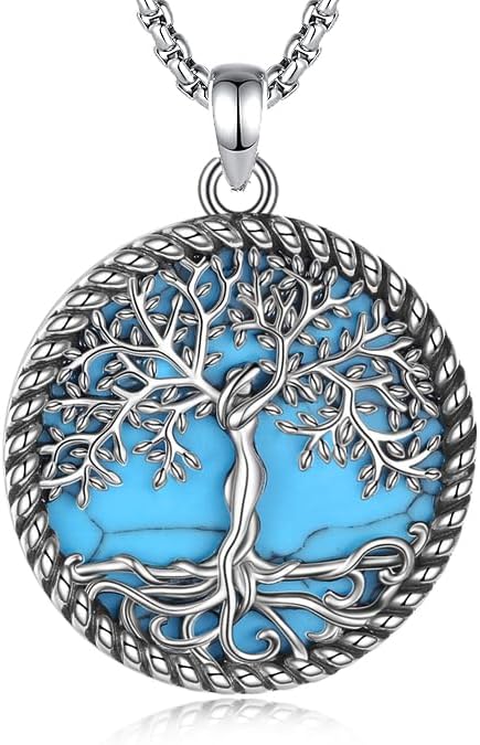 Tree of Life Necklace 18K White Gold Plated Turquoise/Pearl Shell/Malachite/Abalone Shell/Blue Opal/Black Onyx Tree Necklace Jewelry Gift for Women Men,22+2"