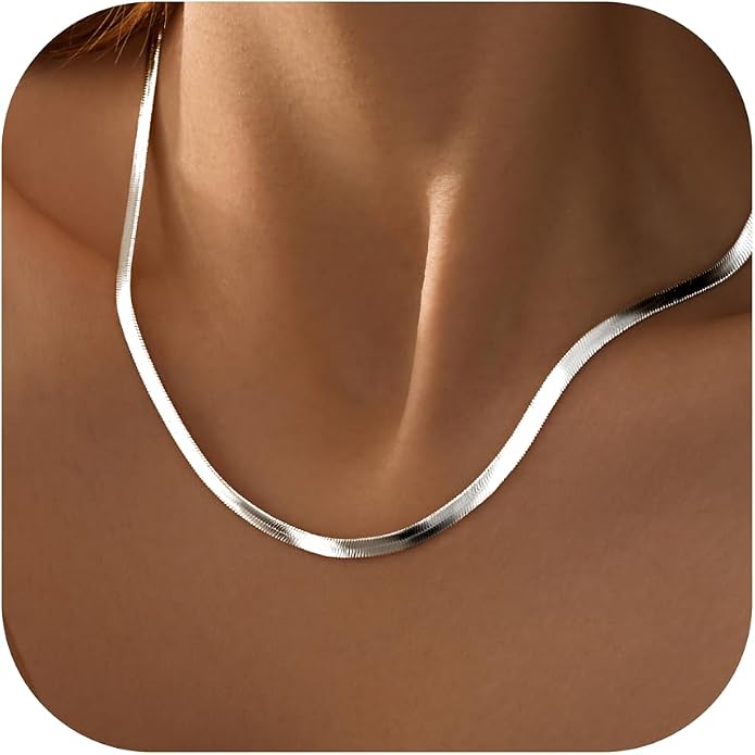 WomenGifts 14K Gold Silver Plated Herringbone Necklace for Women, Dainty Snake Chain Choker, Trendy Simple Long Layered Jewelry Non Tarnish, 3/4/5/8mm,14,16,18,20,22,24,26 Inch Thin & Chunky Options