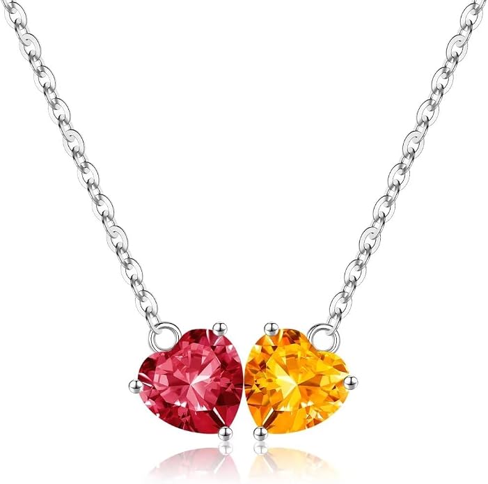 Iefil 1.25Ct Double Heart Birthstone Necklace - 925 Sterling Silver Birthstone Necklace, Birthday Gifts for Women, Jewelry Gifts for Mom Daughter Wife