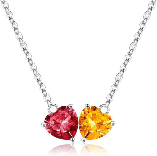 Iefil 1.25Ct Double Heart Birthstone Necklace - 925 Sterling Silver Birthstone Necklace, Birthday Gifts for Women, Jewelry Gifts for Mom Daughter Wife