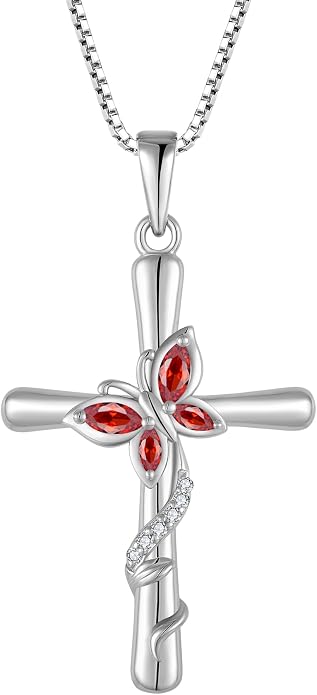 Cross Necklace for Women 925 Sterling Silver Butterfly Necklace Birthstone Pendant Created Gemstone Jewelry Gifts for Women