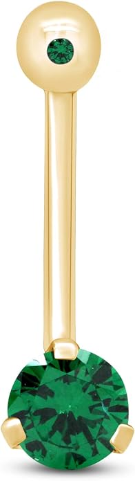 AFFY Internally Threaded Belly Button Navel Ring for Women, Three-Prong Round Simulated Birthstone in 14K Gold Over 925 Sterling Silver, Body Piercing Jewelry Gift