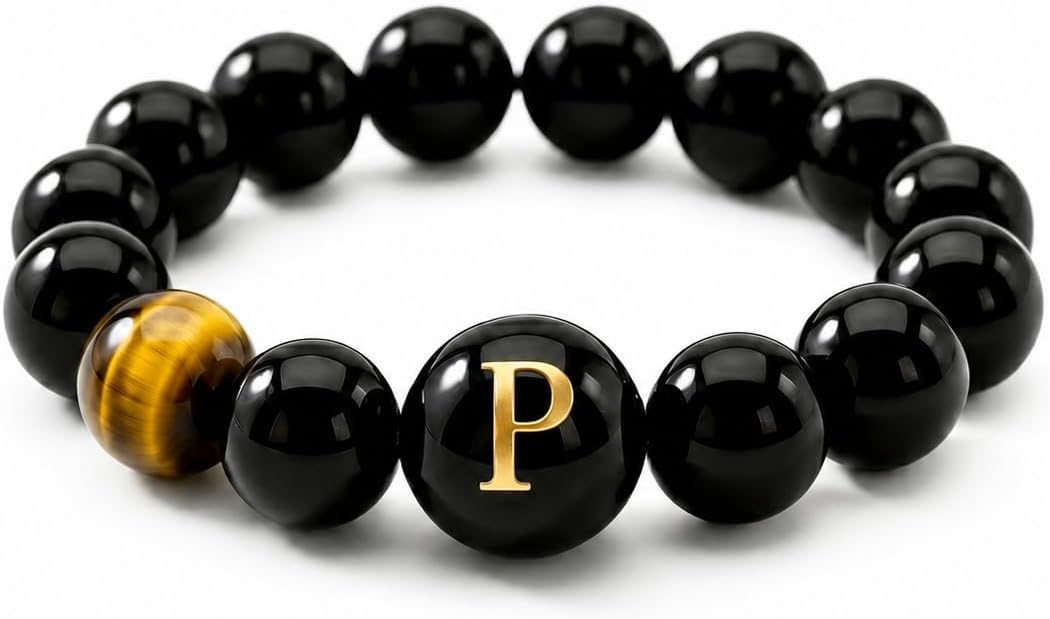 Initial Ring for Women, Black Onyx Beaded Stretch Letter Ring | Personalized-style A-Z initial ring with black onyx beads, shell letter bead, stretch fit, and gift-ready box
