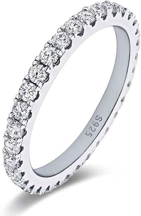 Bo.Dream 1.5mm/2.2mm/3mm Round Cubic Zirconia CZ Full/Half Eternity Rings Wedding Band Sterling Silver
