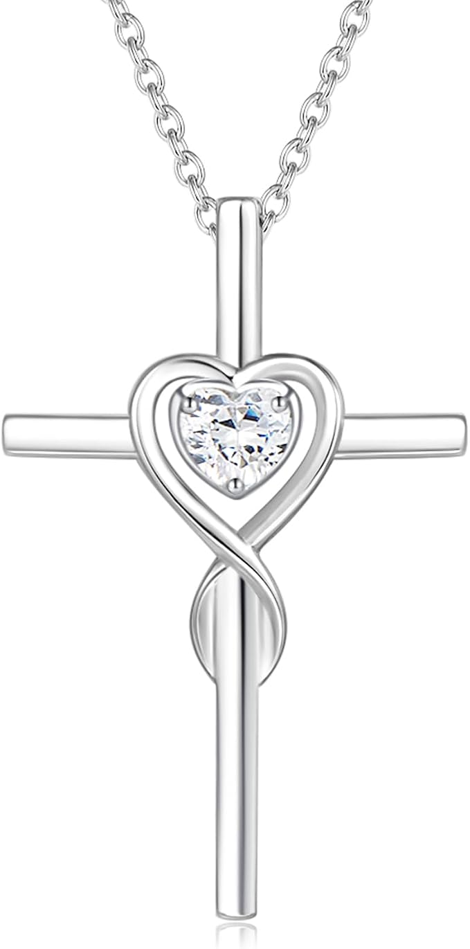 FANCIME Birthstone Cross Necklace for Women Birthstone Necklace Heart Infinity Cross Pendant Necklace Fine Jewelry Christmas Birthday Holiday Gifts for Her, 16"+2" Inches