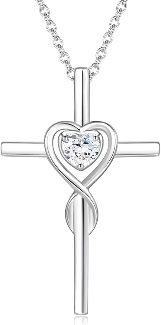 FANCIME Birthstone Cross Necklace for Women Birthstone Necklace Heart Infinity Cross Pendant Necklace Fine Jewelry Christmas Birthday Holiday Gifts for Her, 16"+2" Inches