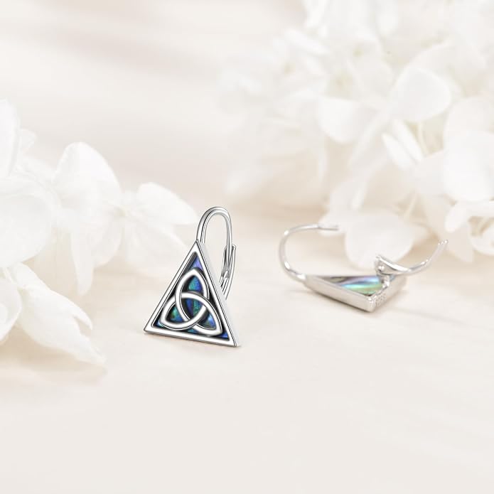 Celtic Trinity Knot Earrings for Women 925 Sterling Silver Triangle Celtic Leverback Abalone Shell Irish Jewelry Gift