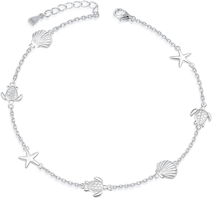 BEILIN 925 Sterling Silver Ocean Beach Anklets for Women Starfish Conch Turtle Ankle Bracelets for Women