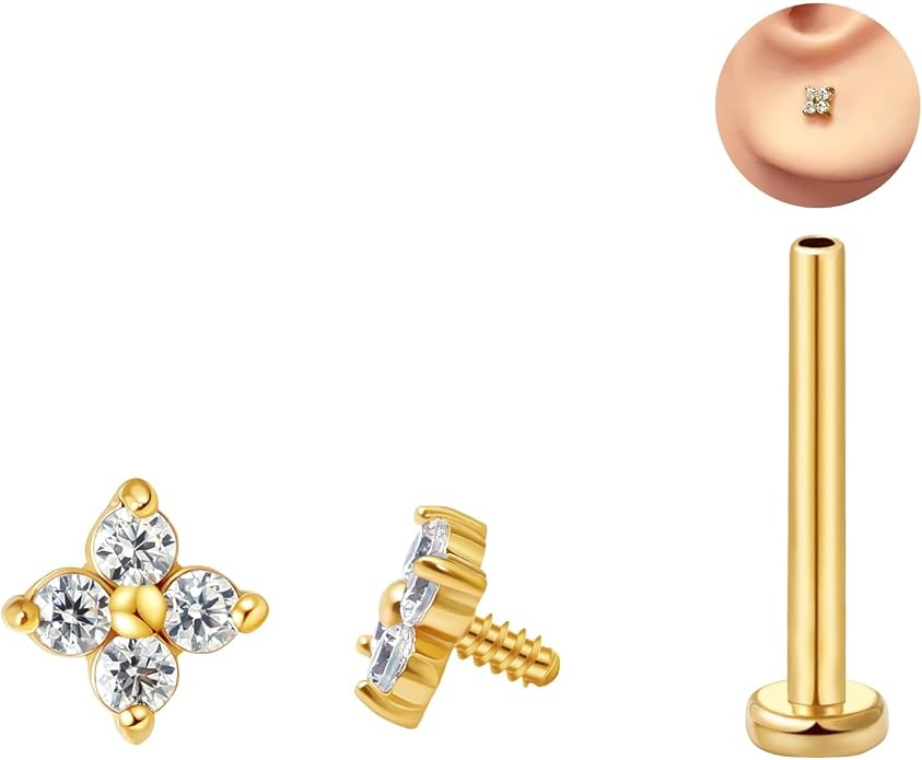 FANSING CZ Flower Internally Threaded Flat Back Earring Labret Stud for Cartilage Tragus Helix Conch