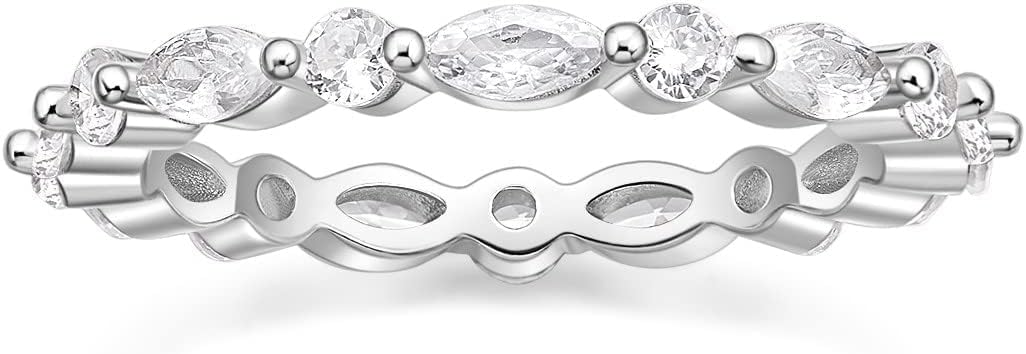 EAMTI 2mm 925 Sterling Silver Wedding Band Cubic Zirconia Half Eternity Stackable Engagement Ring Size 3-13