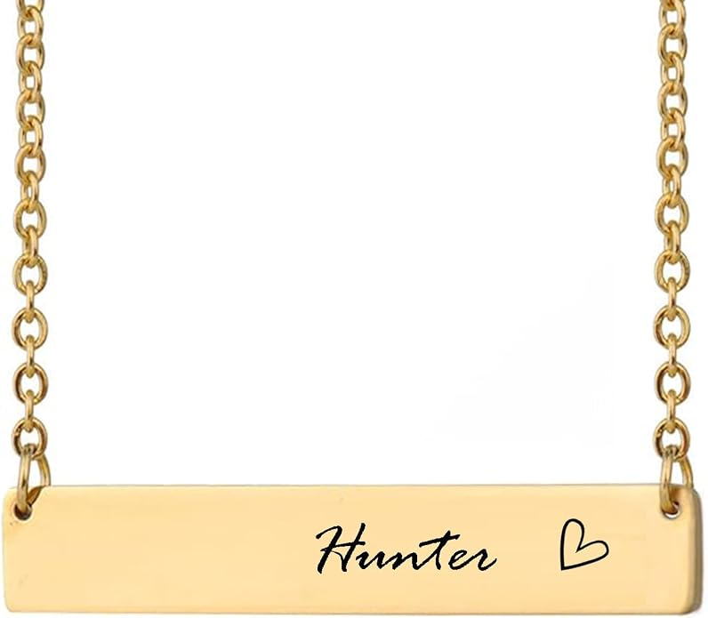 HUAN XUN Custom Bar Necklace Personalized Engraved Name Bar Necklace for Women Customized Stainless Steel Heart Pendant Bar Jewelry Gift for Her Mother Day Christmas
