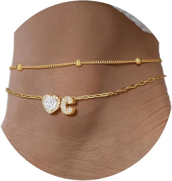 FindChic Silver/14K Gold Plated Layered CZ Initial Ankle Bracelet for Women | Waterproof Stainless Steel, Cubic Zirconia Letter Charm, Non-Tarnish, Hypoallergenic, Adjustable Extender, Summer Jewelry