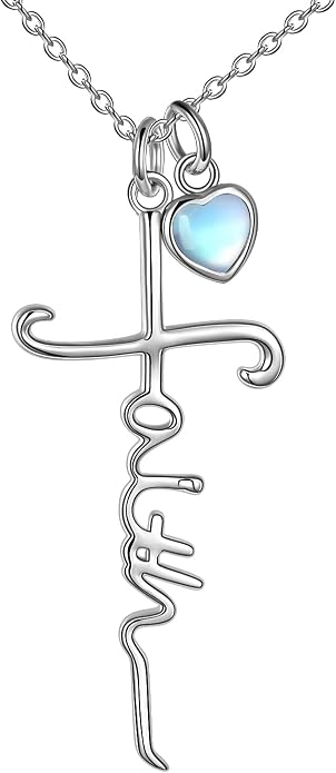 Faith Cross Necklace For Women Birthstone Sterling Silver with Simulated Birthstone Cross Jewelry Christian Gifts