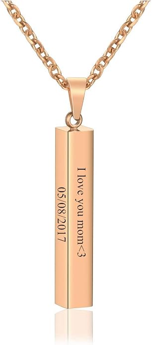 Zysta Engraving 3D Bar Name Necklace Personalized Text Message Cool Simple Design Women Customized Dangle Vertical Cuboid Stick Pendant Necklaces Stainless Steel Birthday Gift