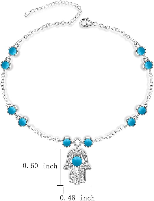 Anklets for Women S925 Sterling Silver Hand of Fatima Charm Dainty Evil Eye Hamsa Hand Anklet Adjustable Turquoise Jewelry Mothers Day Gifts for Mom