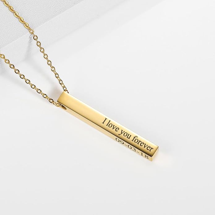 Sterling Silver Personalized 4 Sided Vertical 3D Engraved Bar Pendant Necklace Meaningful Gift for Mom,Women