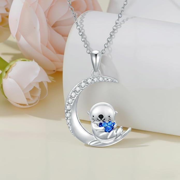 PROESS Animal Birthstone Necklace 925 Sterling Silver Otter/Axolotl/Hippo/Elephant/Dachshund/Monkey/Red Panda Pendant Necklace Animal Birthstone Jewelry Gifts for Women