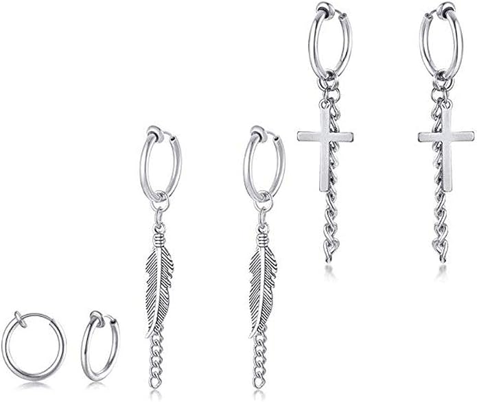 VNOX Unisex Vinatge Stainless Clip On Earrings Non Piercing Feather Charm Dangle Hinged Stud Earrings for Men Women Teen