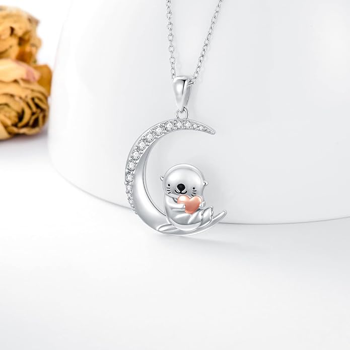 PROESS Animal Birthstone Necklace 925 Sterling Silver Otter/Axolotl/Hippo/Elephant/Dachshund/Monkey/Red Panda Pendant Necklace Animal Birthstone Jewelry Gifts for Women