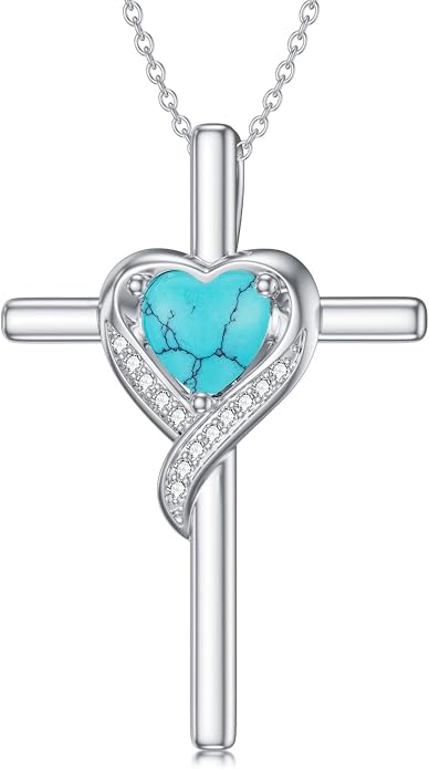 TOUPOP Birthstone Cross Necklace for Women 925 Sterling Silver Heart Cross Pendant Necklace Mothers Day Birthday Jewelry Gifts for Mom Wife Her