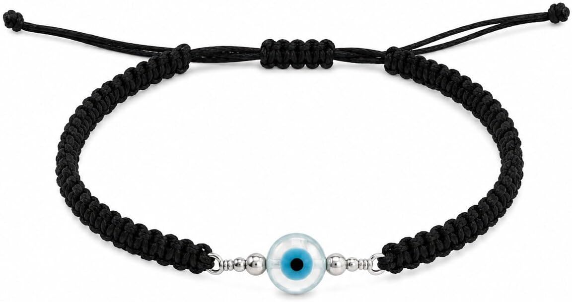 Evil Eye Bracelet for Men Women, Sterling Silver Protection Bracelet, Adjustable Black or Red Woven Cord Bracelet, Good Luck Jewelry Gift