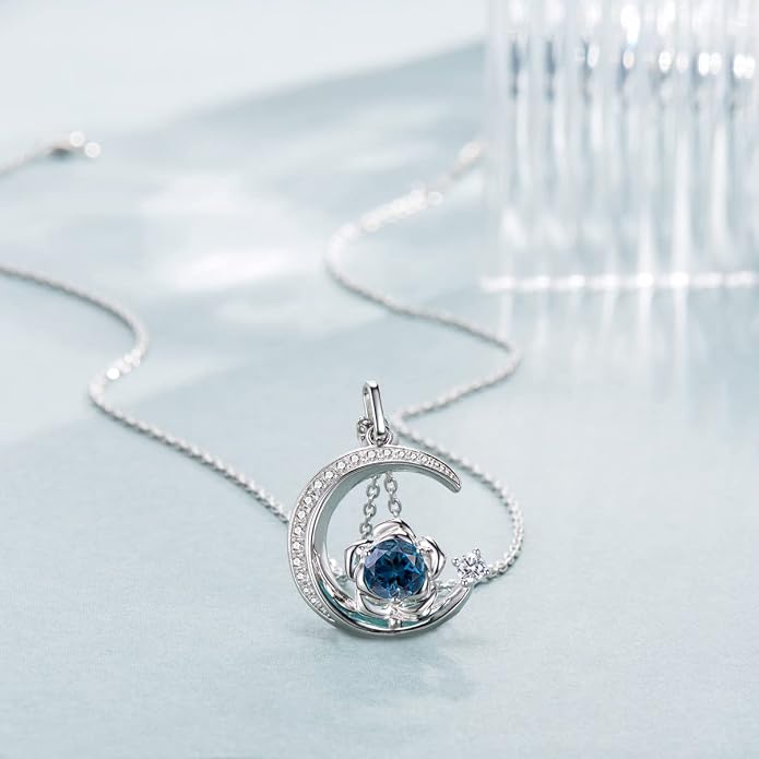 Birthstone Necklace for Women Sterling Silver Moon Pendant Necklaces Anniversary Birthday Fine Jewelry Gifts for Her Women Mother, Adjustable Chain