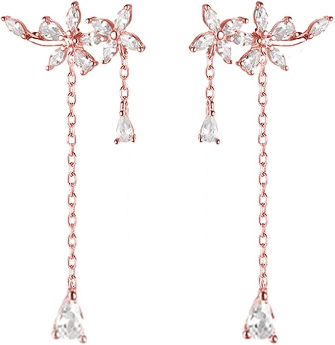 SLUYNZ 925 Sterling Silver Dainty CZ Flowers Wrap Earrings Dangle Chain for Women Elegant Dangling Earrings Bridal Earrings Wedding Engagement Drop Earrings Prom Engagement Party Jewelry