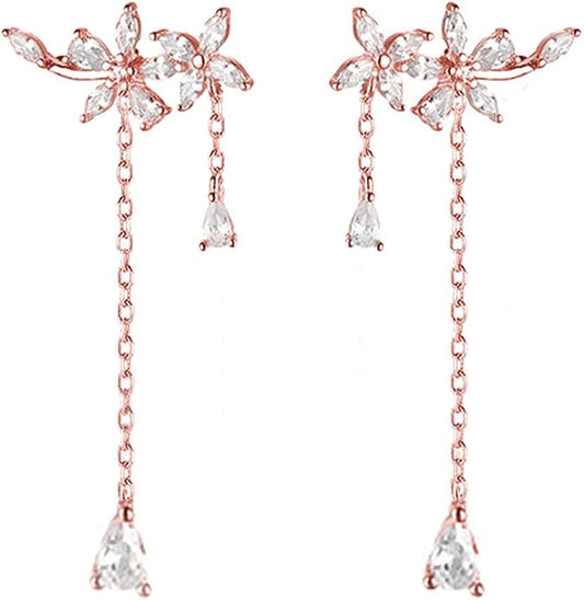 SLUYNZ 925 Sterling Silver Dainty CZ Flowers Wrap Earrings Dangle Chain for Women Elegant Dangling Earrings Bridal Earrings Wedding Engagement Drop Earrings Prom Engagement Party Jewelry