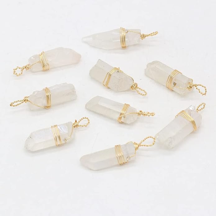 LHJ 7 Pcs Natural White Crystal Stone Pendants Original Raw Irregular Clear Quartz Copper Wire Wrapped Healing Stone Charms for Necklace Bracelet Jewelry Making Yoga Meditation