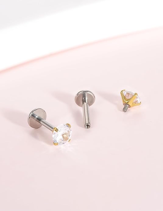 Limerencia 2Pcs 18g Titanium Internally Threaded Tragus Piercing Jewelry Nose Studs Flat Back Earrings Labret, Lip, Helix, Cartilage, Conch, Medusa Piercing for Women Men Sensitive Ears