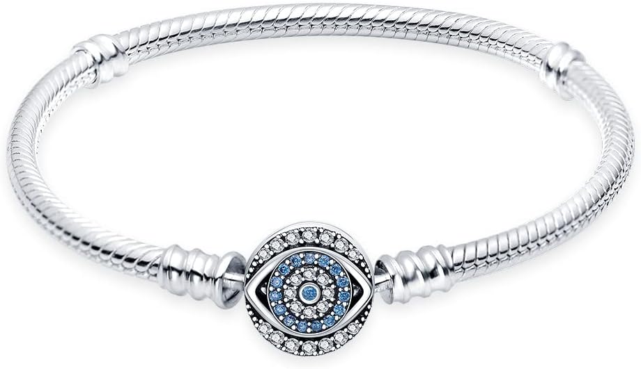 KUNSIR 925 Sterling Silver Snake Chain Bracelet Blue Evil Eyes with 5A Cubic Zirconia Bracelets for Women Teen