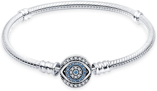 KUNSIR 925 Sterling Silver Snake Chain Bracelet Blue Evil Eyes with 5A Cubic Zirconia Bracelets for Women Teen